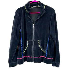 Onque Casuals size large black full zip lightweight jacket velour‎ pink blue